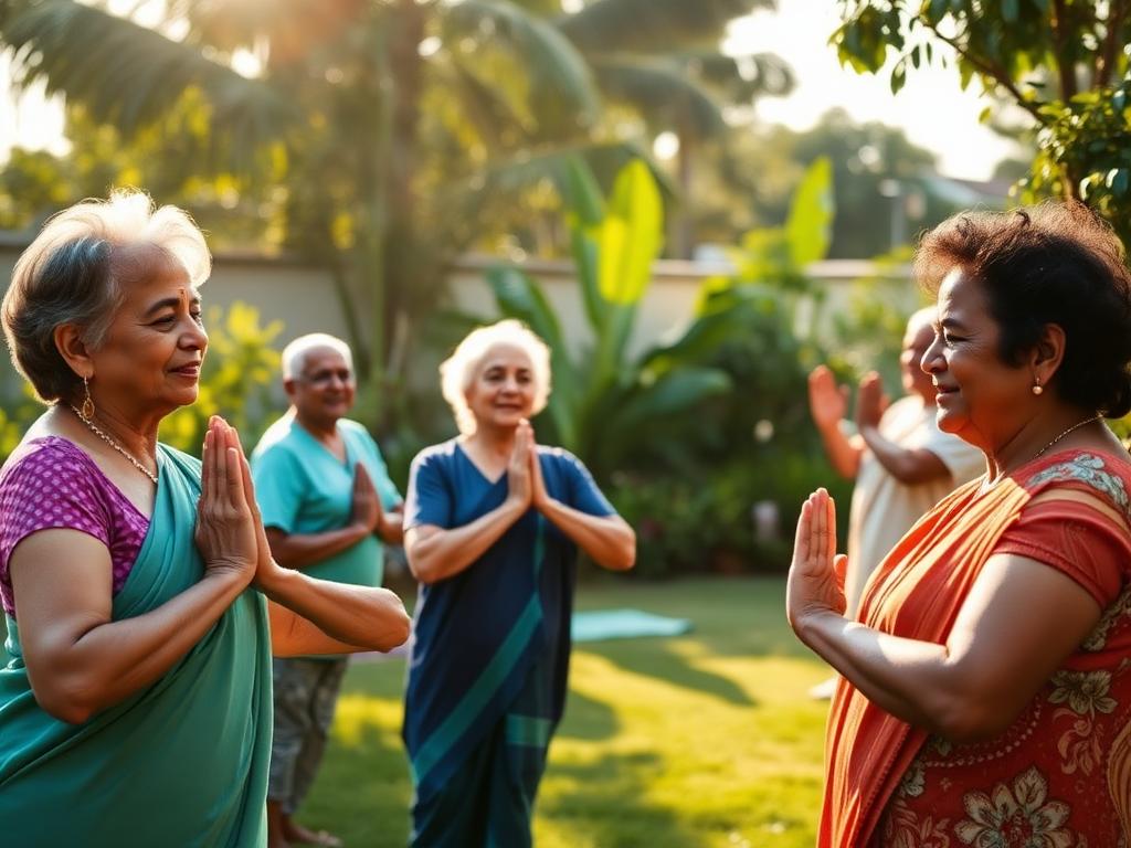 Seniors morning yoga in garden at Vizag Old Age Home