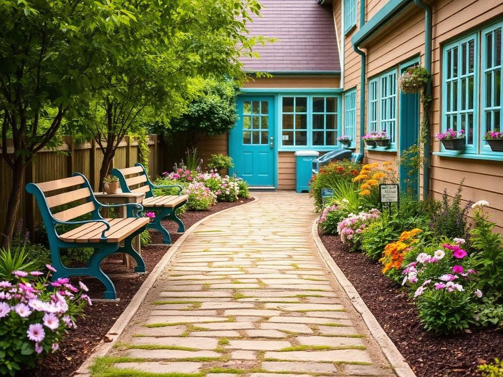 Tranquil garden path with benches and flowers