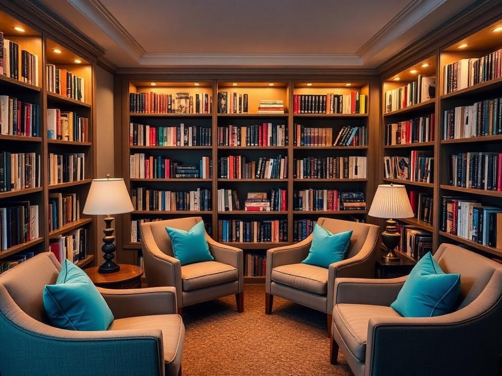 Cozy reading nook with bookshelves and armchairs