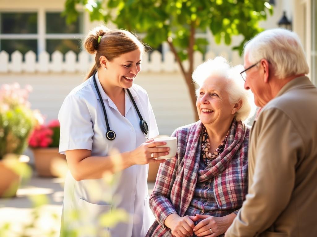 Caregiver serving tea to senior in courtyard