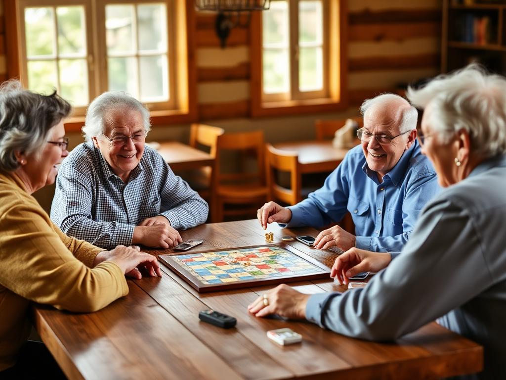 Seniors playing board games with smiles
