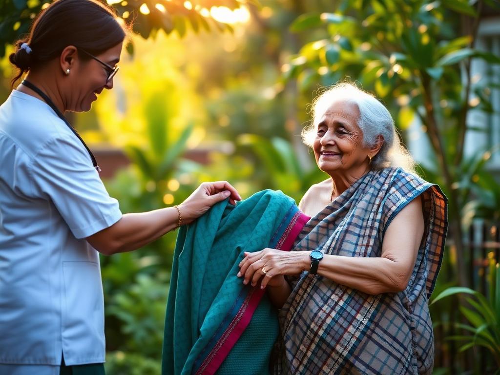 Caregiver assisting a senior during a garden walk