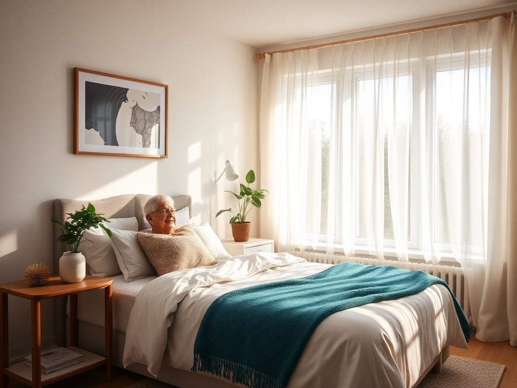 Cozy, sunlit senior room with teal accents