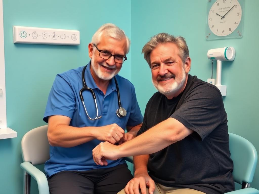 Nurse measuring senior's blood pressure in clinic corner